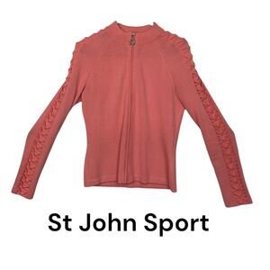 St John sport womens p small pink wool knit zip up braided sweater barbie vintag